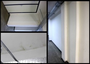 Rachaduras e infiltrações são facilmente encontradas nos corredores do prédio