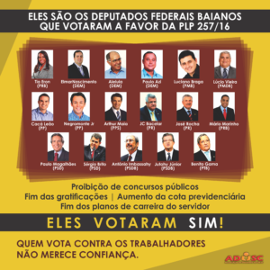 17 Deputados Baianos foram favoráveis ao PLP 257/16